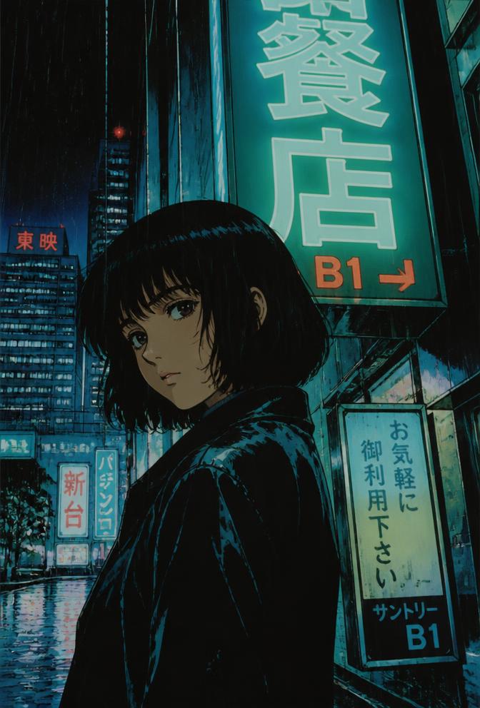 AMOT anime key art — city girl under neon rain