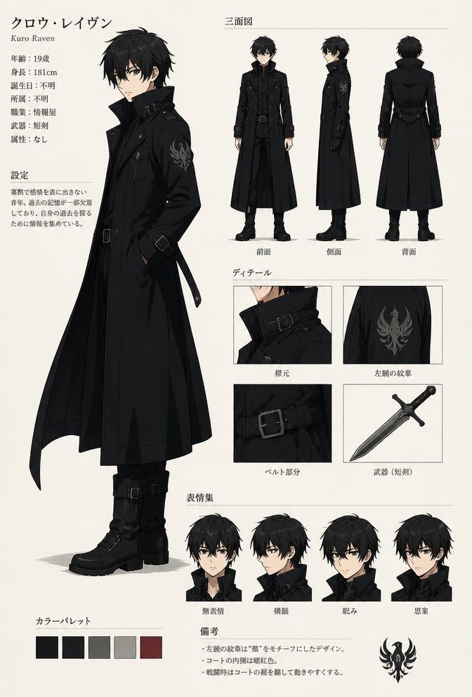 AMOT character design sheet — coated protagonist turnaround