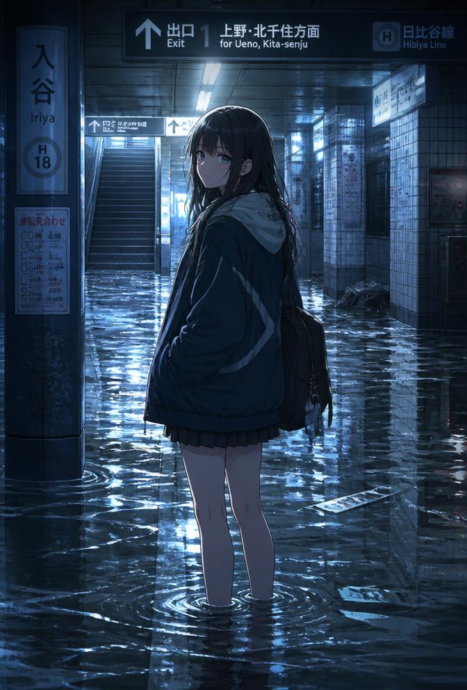 AMOT weekly anime still — flooded subway station